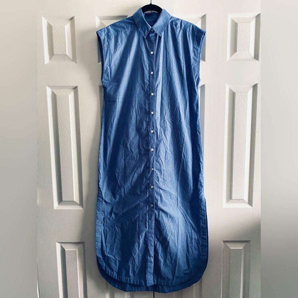 ABERCROMBIE PINSTRIPE COTTON POPLIN MIDI SHIRT DRESS COASTAL RESORT Blue White S - Picture 6 of 11